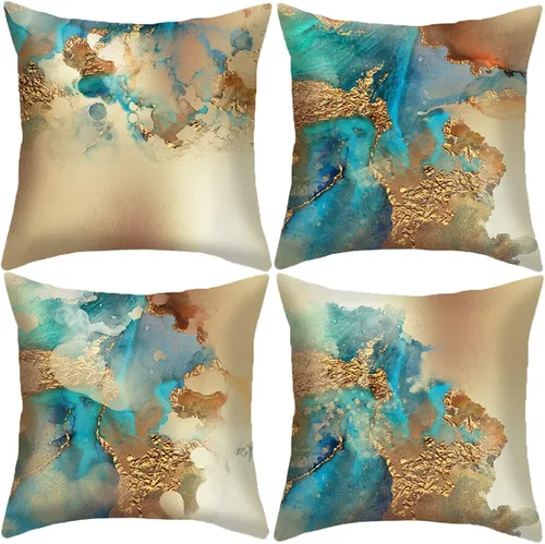 Juego de 4 fundas de almohada de 18 x 18 pulgadas, color verde azulado y dorado, fundas de almohada abstractas, modernas, decorativas, para sofá