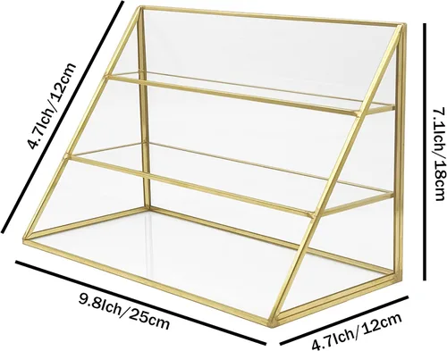 Miniatura 6 de FSyueyun Estuche organizador de maquillaje dorado, 3 capas de almacenamiento de maquillaje de vidrio, organizador de cosméticos, soporte de anillo