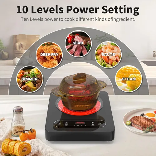 Miniatura 5 de VBGK - Cocina eléctrica de un solo quemador, estufa eléctrica de 110 V y 1800 W con control táctil LED, 10 niveles de potencia, temporizador de 4 h