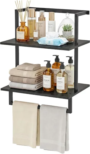 Toallero montado en la pared para baño, soporte de almacenamiento de baño, estante de toalla de madera de acero de 3 niveles con barra, negro