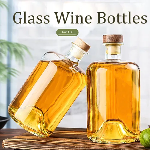 Miniatura 4 de Paquete de 2 botellas de licor de vidrio transparente de base pesada de 25 onzas con tapas de madera en T, botellas de vino transparentes, botellas