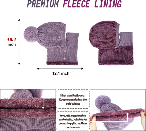 Miniatura 4 de Gorro de punto con forro polar para mujer, bufanda de invierno para mujer, gorro cálido con pompón