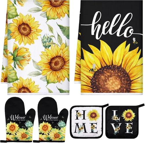 Leinuosen 6 paños de cocina clásicos de girasol, juego de decoración y accesorios para la cocina, diseño floral de plantas, juego de guantes de