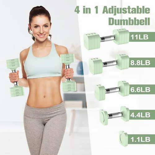 Miniatura 2 de Hezeyferg Juego de mancuernas ajustables de 22 libras, mancuernas de peso ajustable con 4 niveles de 4.4 libras, 6.6 libras, 8.8 libras, 11 libras