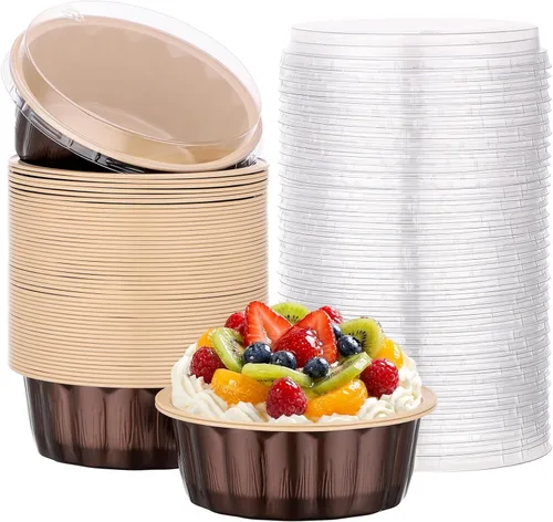 Miniatura 85 de Beasea Ramequines con tapas, 8oz 50 unidades de tazas de aluminio desechables para hornear, tazas de papel de aluminio plateado para creme brulee