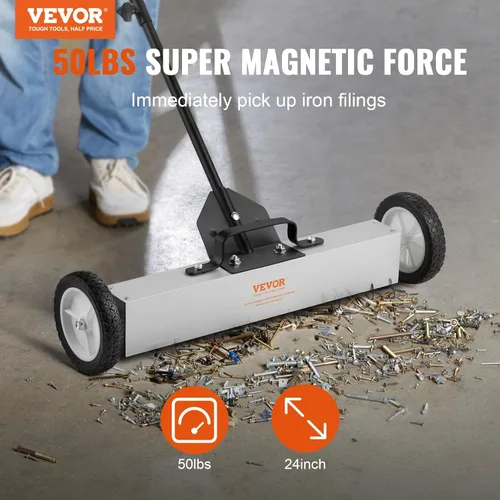 Miniatura 2 de VEVOR Barredora Magnética Rodante con Ruedas, 50 Libras 24 Pulgadas Barredora de Césped con Imán Grande con Mango Telescópico, Barredora Magnética