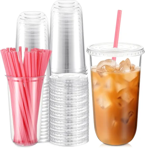 Ziliny 50 Juegos de Vasos de Plástico Transparente con Pajitas y Tapas Rosas en Forma de Corazón, Vasos Desechables para Café Helado Drinking Pet