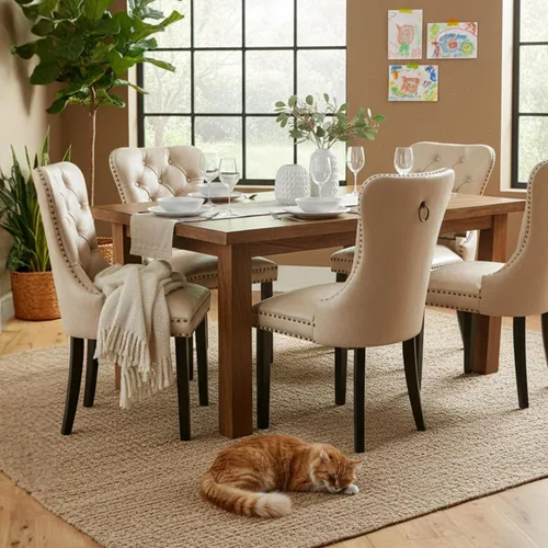 Miniatura 3 de CIMOTA Juego de 2 sillas de comedor de cuero beige, modernas de mediados de siglo, sillas de comedor tapizadas para cocina, comedor, cómodas sillas