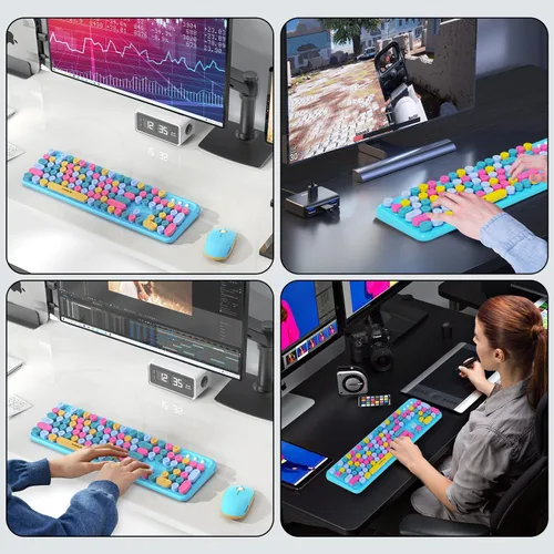 Miniatura 10 de FOPETT - Juego de teclado y mouse inalámbricos de 2.4 GHz con botón de interruptor, teclado de tamaño completo, compatible con V2030 Azul Colorido