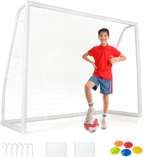 Miniatura 10 de GYMAX Portería de fútbol, porterías de fútbol para patio trasero con red para todo tipo de clima, estaca de tierra y bridas de cremallera, marco