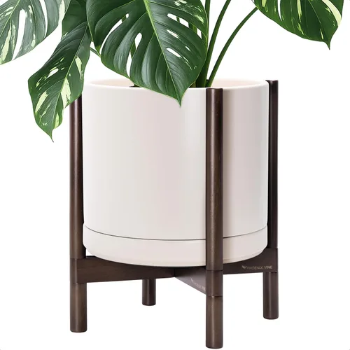 Miniatura 102 de D'vine Dev Maceta de cerámica con soporte de ébano – Maceta redonda moderna de 8 pulgadas con soporte para maceta de madera, color negro, 55-B-M-2