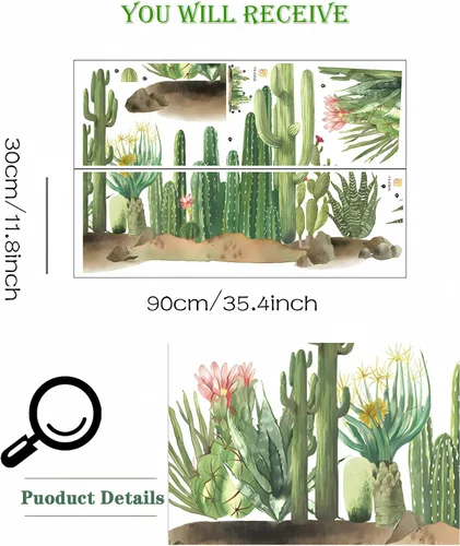 Miniatura 5 de Calcomanías de pared de vegetación verde de cactus, dunas de arena tropical, calcomanías de pared de plantas verdes, vinilo extraíble para sala