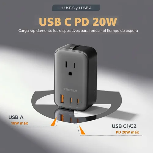 Miniatura 5 de TESSAN Adaptador de viaje 009, PD 20 W, adaptador de corriente universal 2 USB C 1 USB A, adaptador de enchufe internacional ultrafino, salida Negro