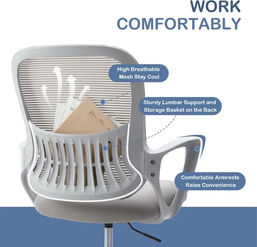 Miniatura 6 de Silla de escritorio ergonómica, silla de malla cómoda para computadora con reposabrazos y soporte lumbar ajustable, silla ejecutiva giratoria