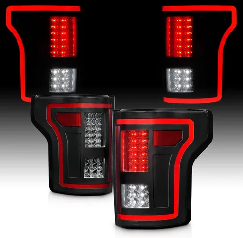 AmeriLite - Par de luces traseras de tubo LED rojo completo con lentes suaves y señal secuencial ahumada para Ford F150 Pickup 2015-2017 - Lado del
