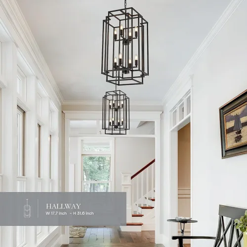 Miniatura 9 de lámpara colgante de farol de 8 luces en forma de escalones, lámpara de araña de granja de metal negro para colgar en vestíbulo de entrada, comedor