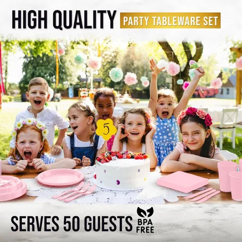 Miniatura 6 de 350 piezas de platos de plástico rosa para fiestas, juego de platos desechables rosados, 50 de cada plato de cena de 9 pulgadas, plato de postre
