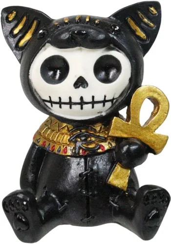 Ebros - Figura pequeña de 2.75 pulgadas de alto con huesos peludos egipcios de gato felino, diosa Bastet sosteniendo Ankh, estatua de dioses y