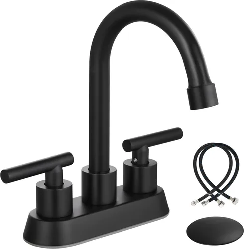 Airuida Grifo de Lavabo de Baño Centrado de 4 Pulgadas – Grifo de Tocador de Acero Inoxidable de 2 Manijas con Desagüe Emergente, Líneas de Negro