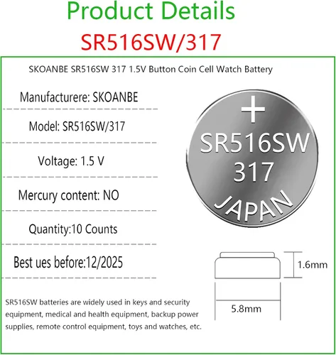 Miniatura 2 de SKOANBE SR516SW 317 1.5V botón moneda célula de plata reloj batería (10 paquetes)