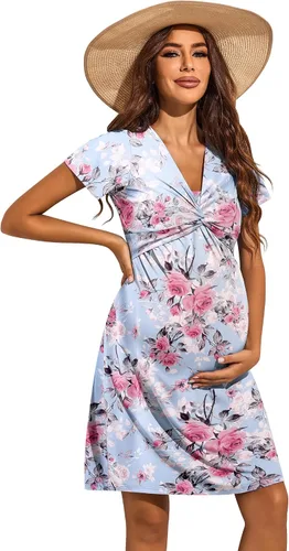 Miniatura 3 de Ekouaer Vestido de lactancia para mujer, manga corta, floral, vestido de maternidad casual, ropa de embarazo S-XXL