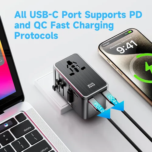 Miniatura 7 de Minthouz Adaptador de viaje universal, adaptador de corriente internacional de 100 W, cargador rápido GaN con 2 USB-C PD, 1 cable USB-C y puertos A