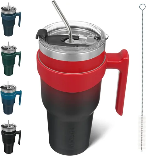 Miniatura 11 de BJPKPK Vaso con asa de acero inoxidable de 20 onzas, con aislamiento de doble pared, con tapa y pajita, color rosa claro A-rosa claro