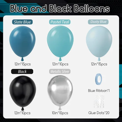 Miniatura 2 de 60 globos de autos de carreras de 12 pulgadas con globos de látex azul pizarra polvoriento, negro, verde azulado y plateado metálico