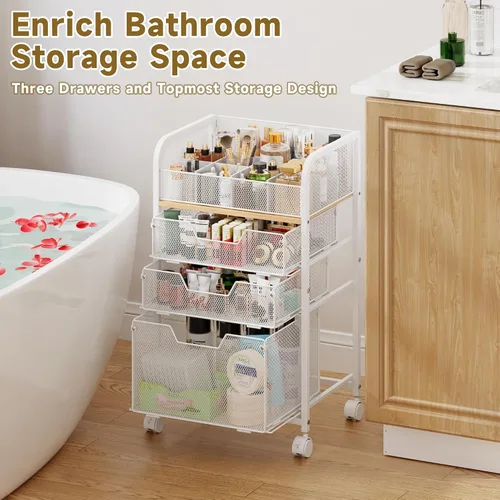 Miniatura 9 de Organizador de Carrito de Maquillaje con 3 Cajones, Organizadores de Cuidado de la Piel de Piso con Divisores, Organizador de Tocador Estuches