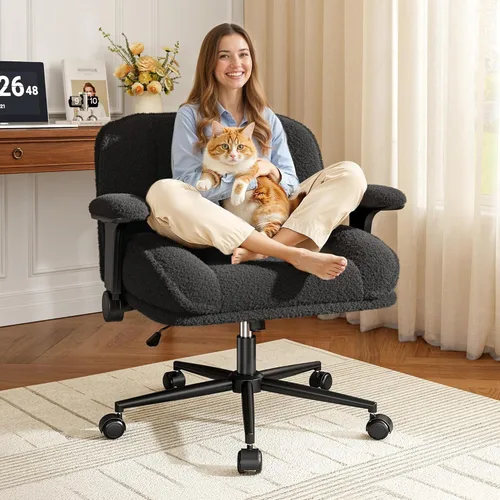 DurayLoly Silla de Oficina con Piernas Cruzadas con Brazos Abatibles, Silla de Piernas Cruzadas Ancha con Ruedas y Asiento Extra Profundo Engrosado