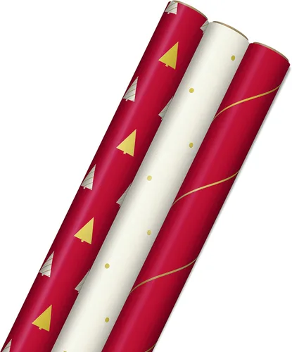 Hallmark - Papel de regalo de Navidad minimalista con líneas de corte en el reverso (paquete de 3, 120 pies cuadrados en total) Árboles, rayas y