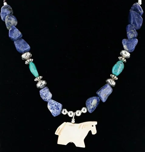 Miniatura 2 de $270Tag Collar Nativo de Plata Navajo Alabastro Lapislázuli Turquesa 25242 Hecho por Loma Siiva, Metal Piedra, turquesa estabilizada