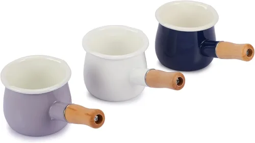 Miniatura 6 de Mini Olla de Leche Esmaltada de 0.6 Cuartos Mango de Madera Aislado 2 Picos Vertedores Calentador de Alimentos Pequeño Cacerola Bonita (D015, Morado)