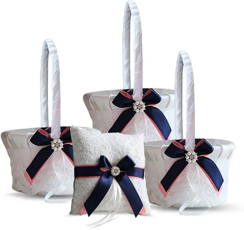 Miniatura 8 de Juego de almohada y cesta de anillo de marfil Colección de encaje niña de flores y cesta de bienvenida para invitados, cestas de boda hechas a