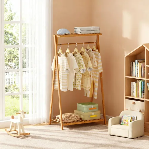 Miniatura 6 de Perchero de bambú para niños, pequeño estante de ropa para niños, estante de vestir para niños con 2 estantes de almacenamiento, perchero portátil