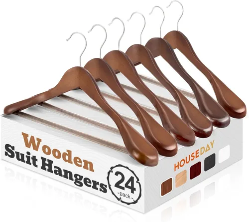 Miniatura 14 de HOUSE DAY Perchas de madera maciza de alta calidad para mujer, perchas de madera de hombro ancho, perchas para trajes con barra antideslizante