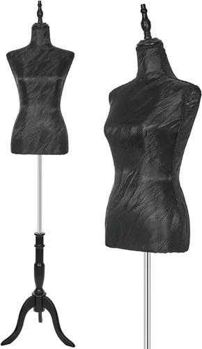 Torso de maniquí femenino ajustable con soporte, forma de vestido pinable para costura y exhibición de ropa (negro, seda)