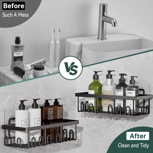 Miniatura 6 de Juego de 5 organizadores adhesivos para ducha, organizador de acero inoxidable a prueba de óxido para almacenamiento en el baño con gran capacidad