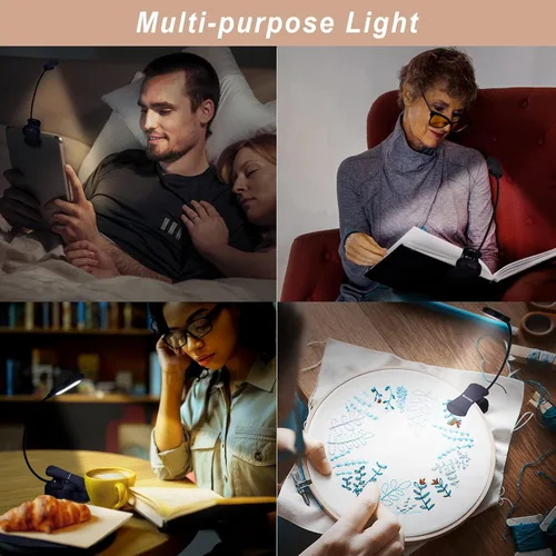 Miniatura 6 de Luz de libro recargable: luz LED de libro con clip para leer en la cama, ajustable de 3 colores y 3 brillos - Lámpara de lectura para el cuidado