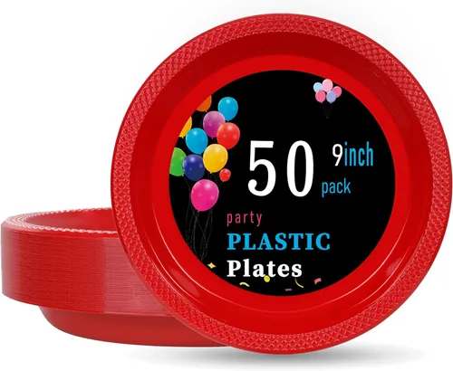 WELLIFE Platos de plástico rojos de 9 pulgadas, 50 unidades, platos desechables para fiesta, día de la madre, plato para cena, postre, suministros