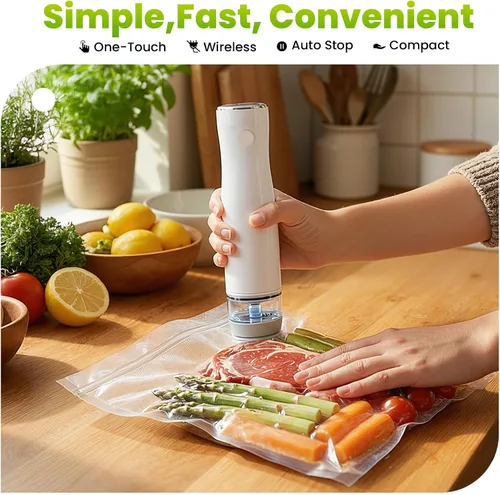 Miniatura 3 de Sellador al vacío compacto para alimentos, máquina selladora al vacío de mano recargable con 30 bolsas selladoras al vacío reutilizables, sellador