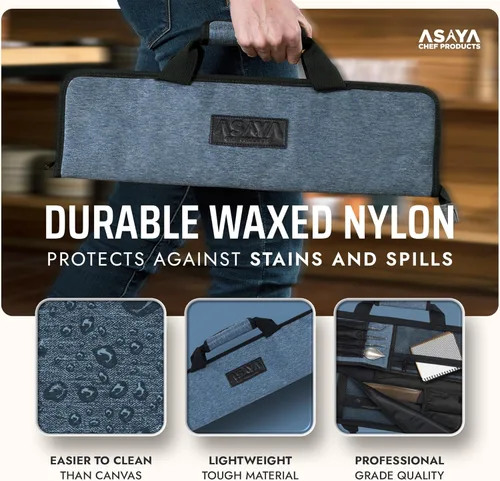 Miniatura 3 de Asaya - Bolsa enrollable para cuchillos de chef - 12 bolsillos para cuchillos y utensilios de cocina - Nylon ligero, duradero y resistente a manchas