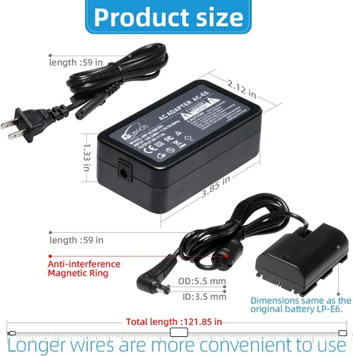 Miniatura 6 de Glorich ACK-E6 Adaptador de corriente de CA DR-E6 Acoplador DC LP-E6 LP-E6N Kit de fuente de alimentación de batería ficticia para cámaras Canon EOS