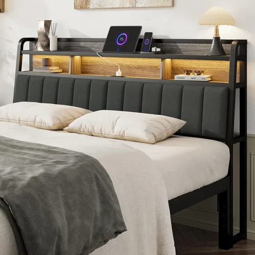 Miniatura 14 de Cabecera completa solo con almacenamiento, cabeceros tapizados para cama de tamaño matrimonial con luz LED, estación de carga, altura ajustable