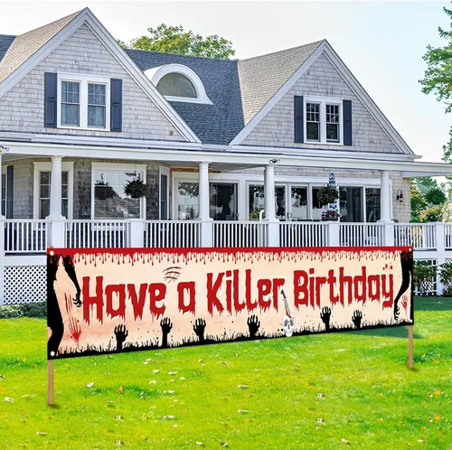 Miniatura 3 de Labakita Cartel grande de cumpleaños con texto en inglés "Have a Killer", decoración de fiesta de cumpleaños de Halloween, terror de terror