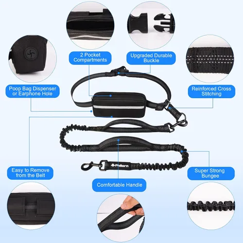 Miniatura 3 de Philorn Correa de perro manos libres con bolsa, correa de cintura ajustable para pasear perros, correas de correr para perros medianos y grandes