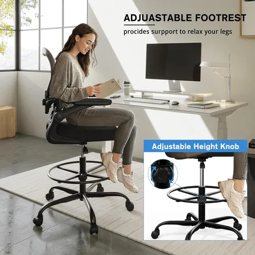 Miniatura 3 de Alolo Silla de dibujo, silla de oficina grande y alta con anillo reposapiés, silla ergonómica para altura de mostrador y escritorio de pie, cómoda