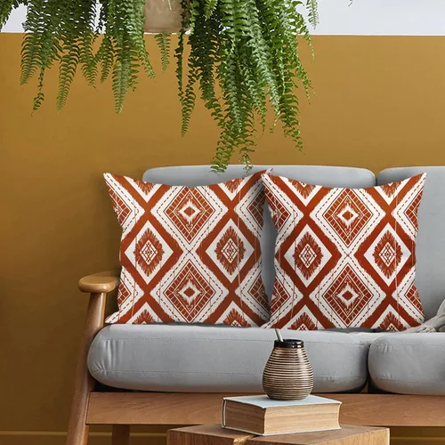 Miniatura 3 de Juego de 2 fundas de almohada geométricas de color naranja quemado de 18 x 18 pulgadas con diamantes Ikat de color marfil óxido, estilo bohemio