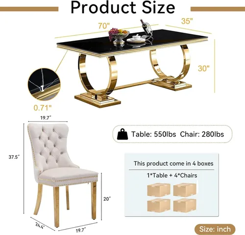 Miniatura 3 de Juego de mesa de comedor de mármol de 5 piezas para 4, mesa de cocina de lujo de 68 pulgadas de mármol negro dorado con 4 sillas tapizadas