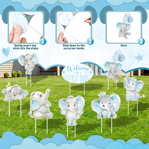 Miniatura 3 de Fumete 8 carteles para baby shower para niño, elefante, bienvenida, bosque, fiesta de género, con estacas para "It's a boy", decoración de césped al